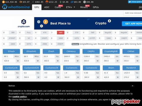 WhatToMine - Crypto coins mining profit calculator compared to Ethereum
